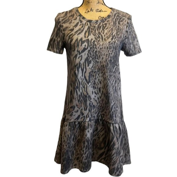 Zara Gray Short Sleeve Animal Print Drop Waist‎ Shift Dress Size Small - Picture 2 of 6
